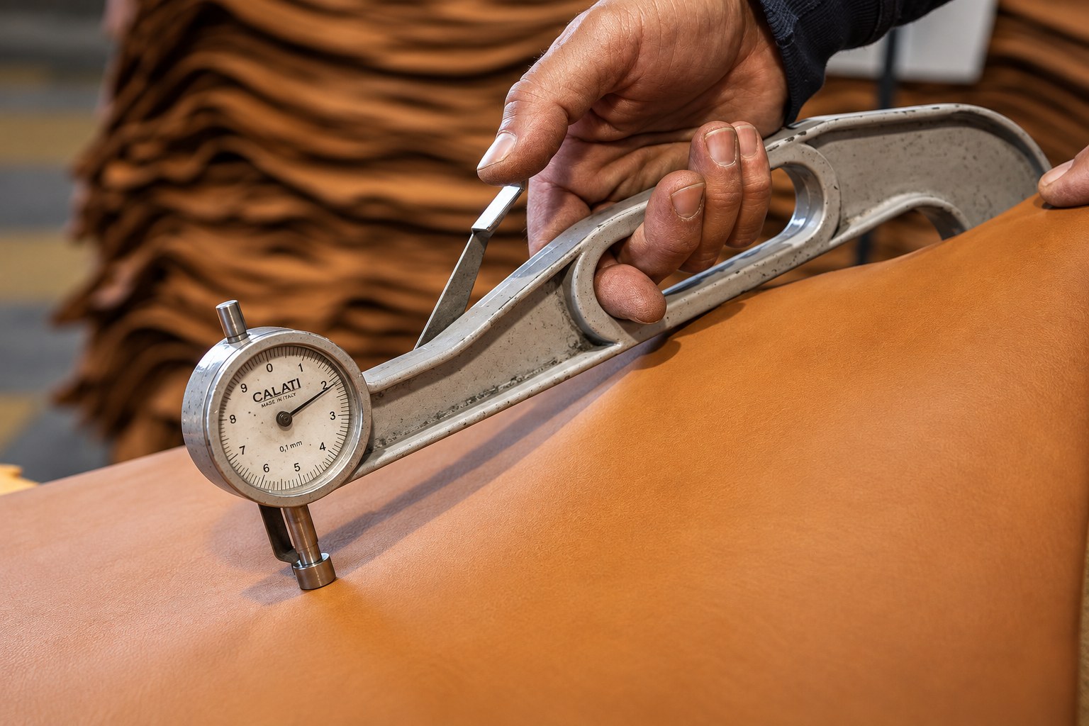 Leather thickness being measured