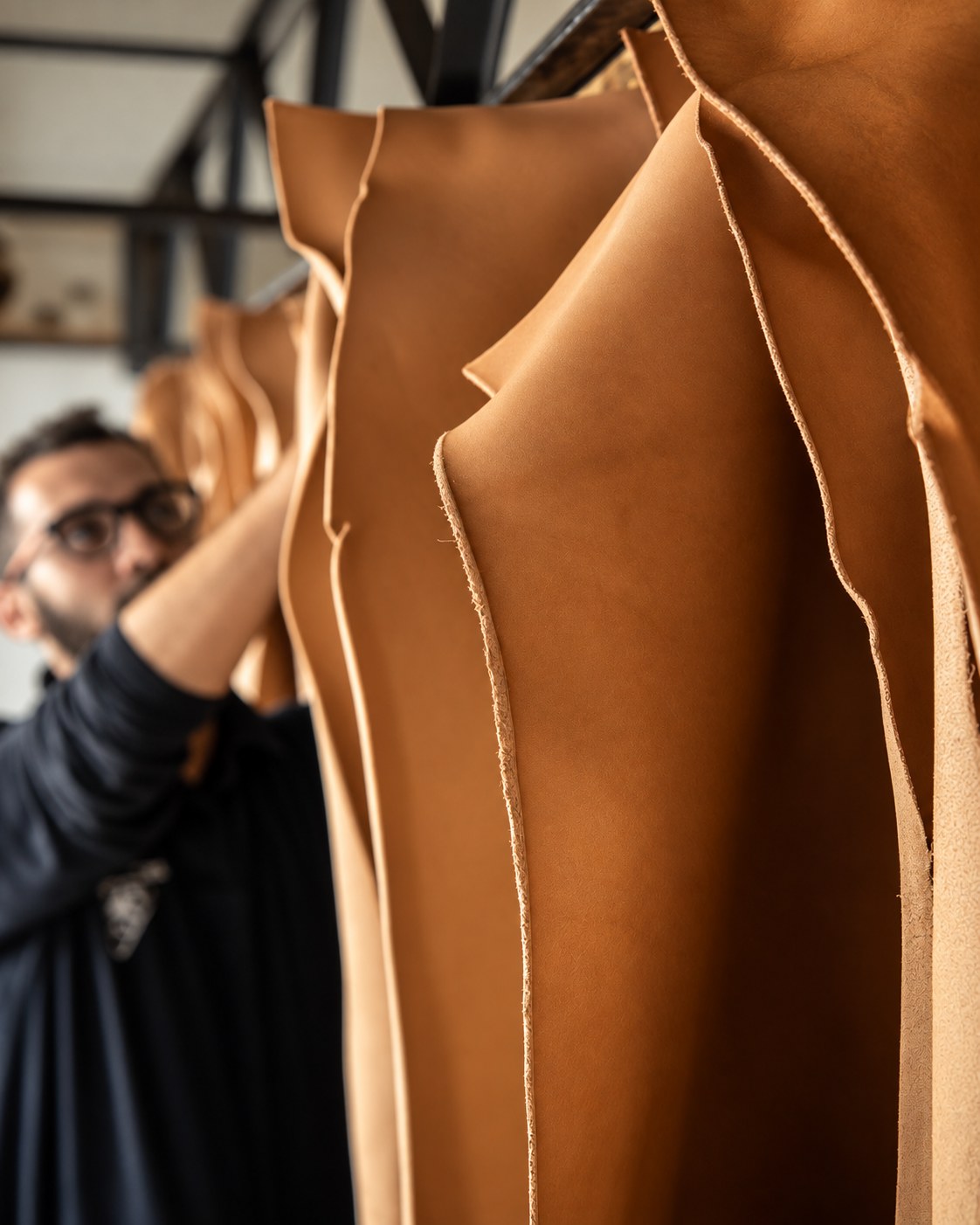 Leather hides in the workshop