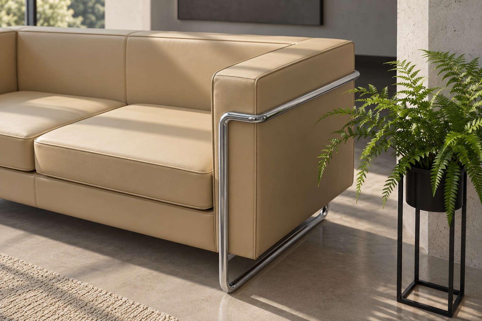 Beige sofa arm and chrome frame detail